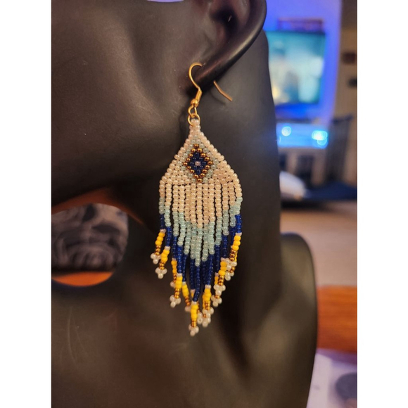 Handcrafted Beaded Fringe Earrings Blue White Yellow - Picture 6 of 9